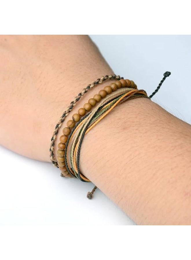 CLENEA Natural Stone Beaded for Men, Adjustable Weave Rope Bracelet, Gift with Wood-Grain Yellow Beads, Durable String Bracelet for Balance and Energy, 3Pcs - Image 4